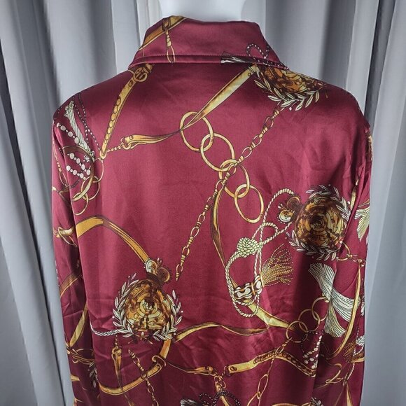 Boohoo Red Gold Chain Tassel Print Satin Button Down Blouse Womens Size 12 - Picture 4 of 12